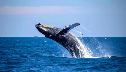 Fototapeta premium Humpback whale breaches ocean with blue sky.