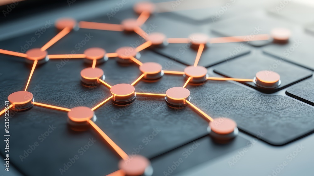 Poster Keyboard with orange dots that form a network. Concept of interconnectedness and communication