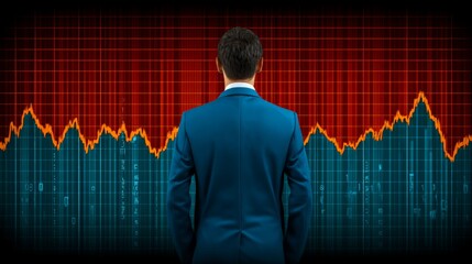 Businessman in a suit analyzing financial data on a digital stock market chart