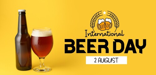 Bottle and glass of cold beverage on yellow background. Banner for International Beer Day