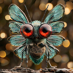 An angry, aggressive, fantastic insect with big eyes. Bokeh on the background.