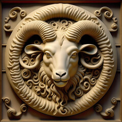 A round rosette is a shield, the size of a ram's head. Gothic architectural decoration. Baroque art. AI generated content.