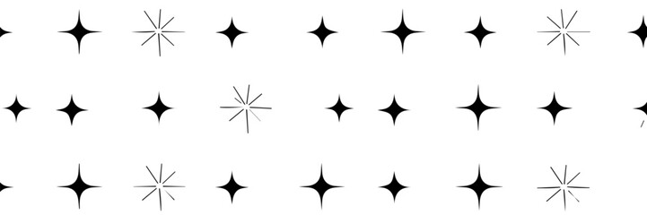 A seamless pattern of black sparkle or twinkle star icons on a white background. The uniform vector design features varying styles of starbursts, ideal for decoration, design, or festive themes.