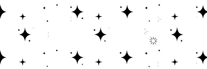 Fototapeta premium A seamless pattern of black sparkle or twinkle star icons on a white background. The uniform vector design features varying styles of starbursts, ideal for decoration, design, or festive themes.