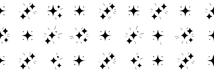 A seamless pattern of black sparkle or twinkle star icons on a white background. The uniform vector design features varying styles of starbursts, ideal for decoration, design, or festive themes.