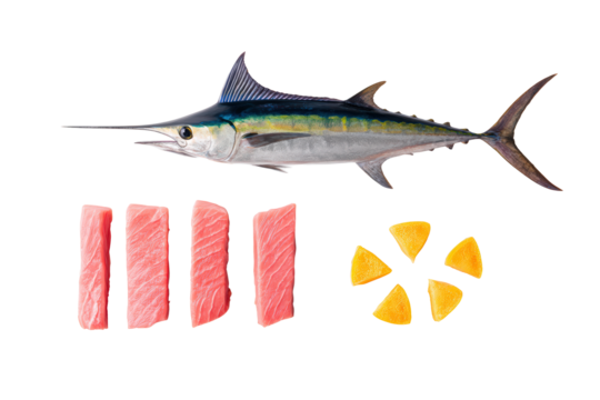 Studio flat-lay detailed marlin portrait, no background