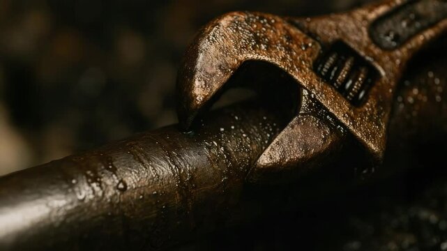 Rusty adjustable wrench gripping wet metal pipe in oil and gas industry maintenance service ensuring safety and efficiency in harsh conditions