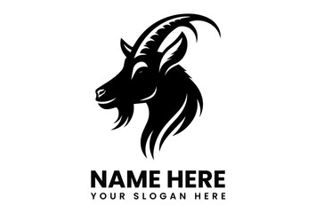 Strong goat head silhouette vector logo with large curved horns for agricultural business or farm branding