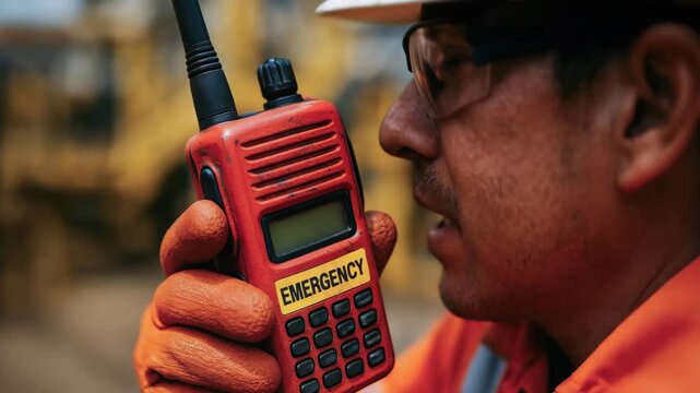 Emergency communication radio walkie talkie used by worker with glove and helmet ensuring safety and maintenance service oil and gas industry