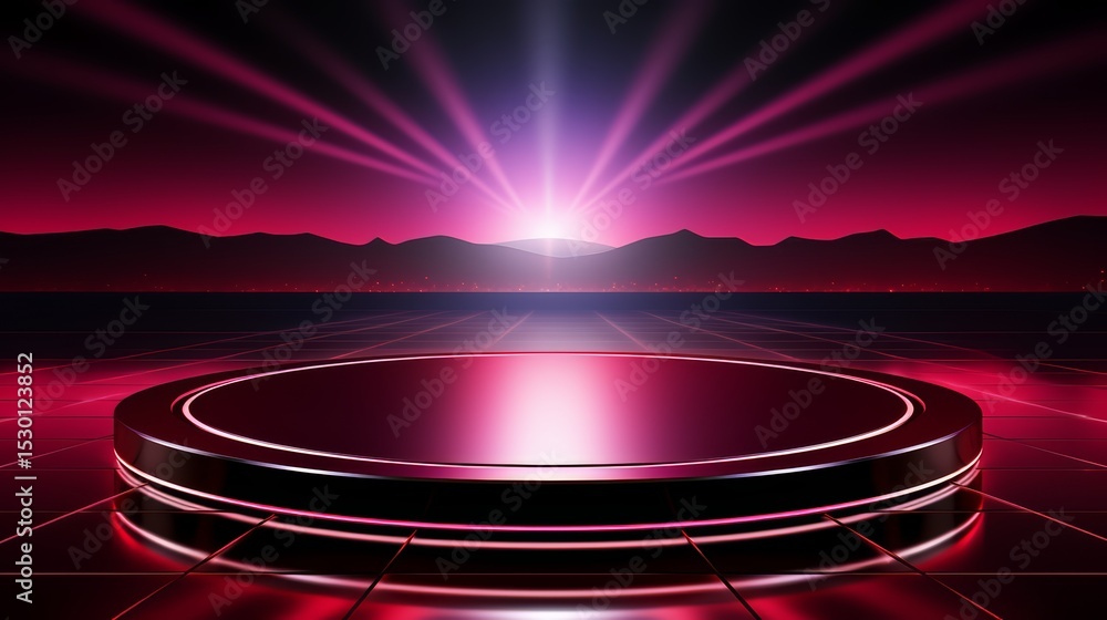 Poster large red circular stage with a bright purple sun in the background. the stage is surrounded by moun