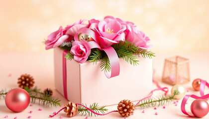 Gift box with pink flowers and festive decorations on pastel background, perfect for celebration themes.