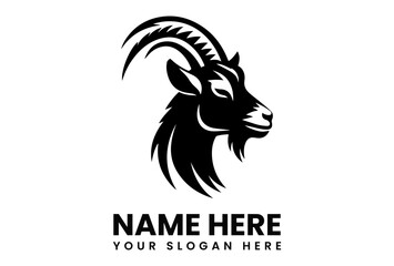 Strong goat head silhouette vector logo with large curved horns for agricultural business or farm branding