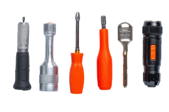 Isolated mini toolset macro flat lay, no background