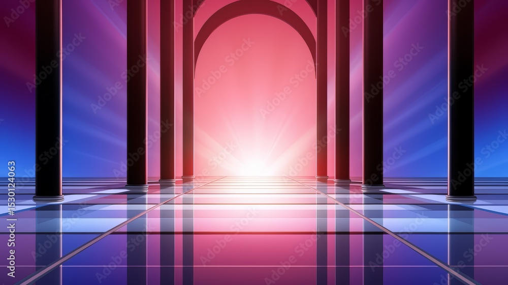 Poster large room with a bright light shining through a doorway. the room is empty and the light is coming 