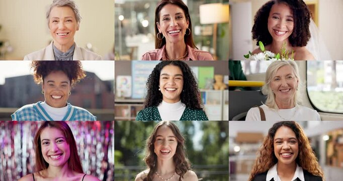 Face, montage and smile of different women for variety in business for career development. Collage, diversity and happy with people at location or venue for job, outdoor break or wedding event