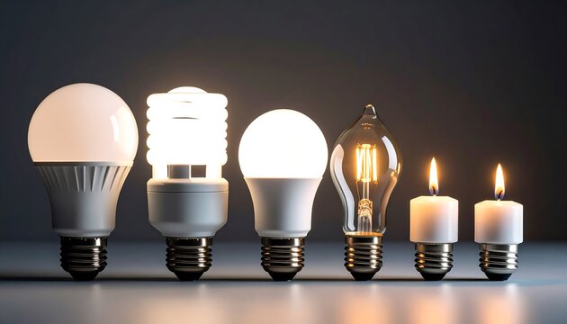Light bulbs evolution with candles, and dark background.