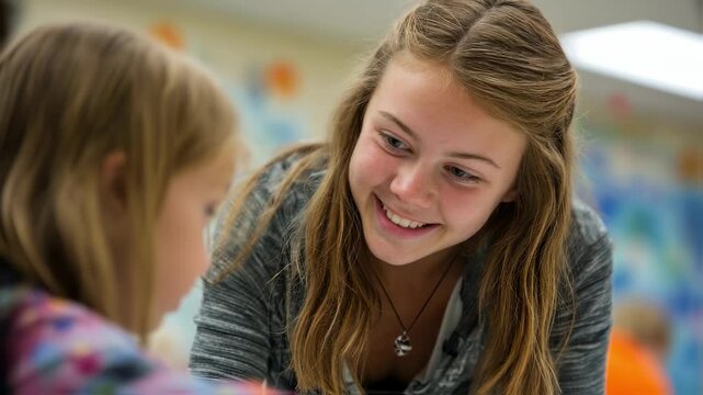 A closeup of a teenager, with a friendly smile, helping a younger child with their activity at a community center. The intergenerational interaction highlights the value of mentorship