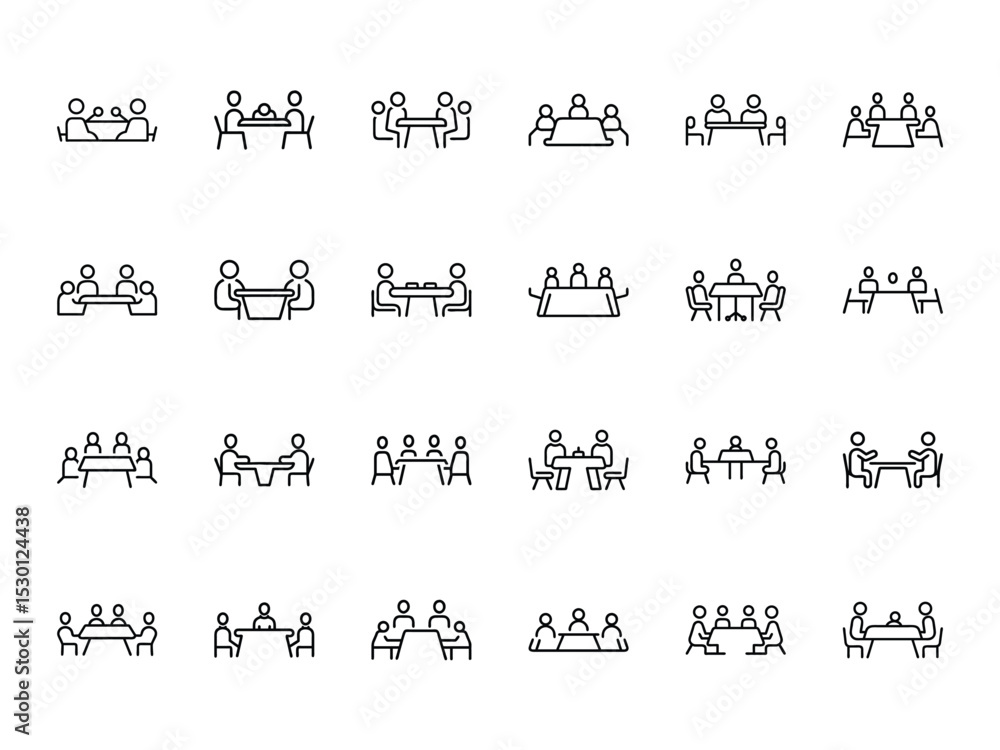 Poster a collection of simple black line icon illustrations depicting people interacting around tables in v