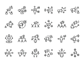 Minimalist line art icon collection illustrating marketing and communication strategies for promotion and advertising