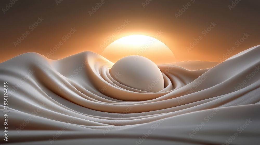 Poster large white sphere is floating on a sandy beach. the sun is setting in the background, casting a war