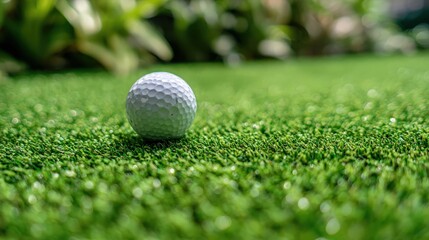 Obraz premium A close-up of a white golf ball resting on lush green grass with a blurred natural background.