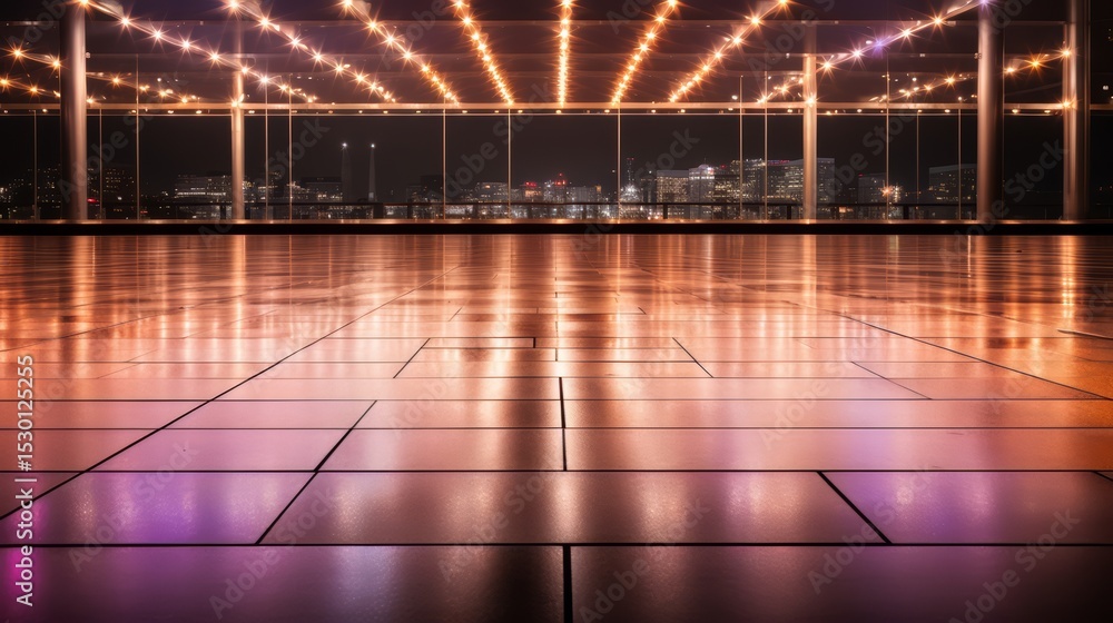 Poster large, empty room with a city view in the background. the room is lit up with lights, giving it a wa