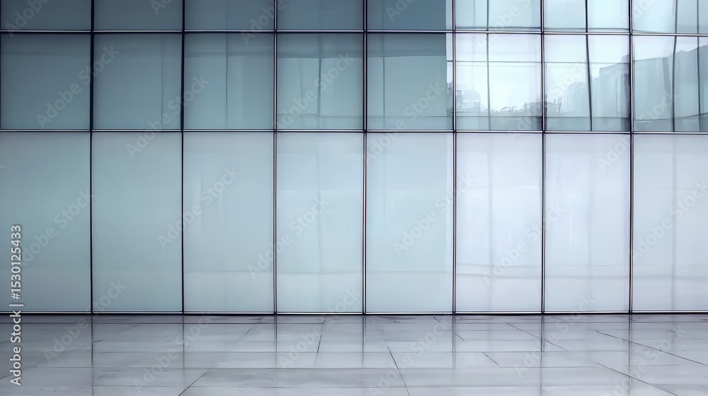 Poster large, empty room with a lot of windows. the windows are all clear and reflect the light from the ou