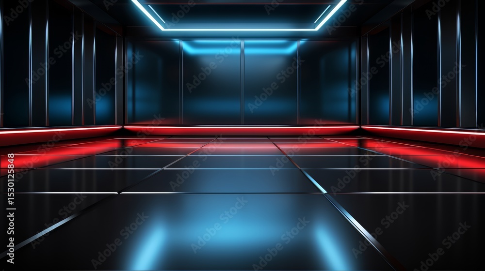 Poster large, empty room with red and blue lights. the room is empty and has a futuristic feel to it