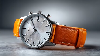 Wristwatch with Silver Face and Orange Leather Strap Closeup