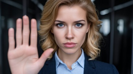 Woman with blonde hair and blue eyes raising her hand in a stop gesture in a modern office setting