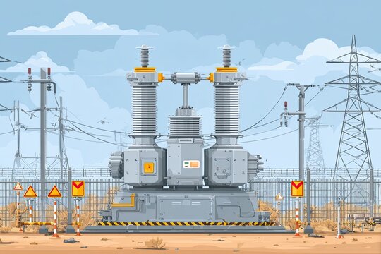 Industrial transformer station with high-voltage equipment, surrounded by warning signs and power lines, set against a clear blue sky and desert landscape, showcasing energy infrastructure