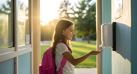 Girl Sanitizing Hands at School Entrance