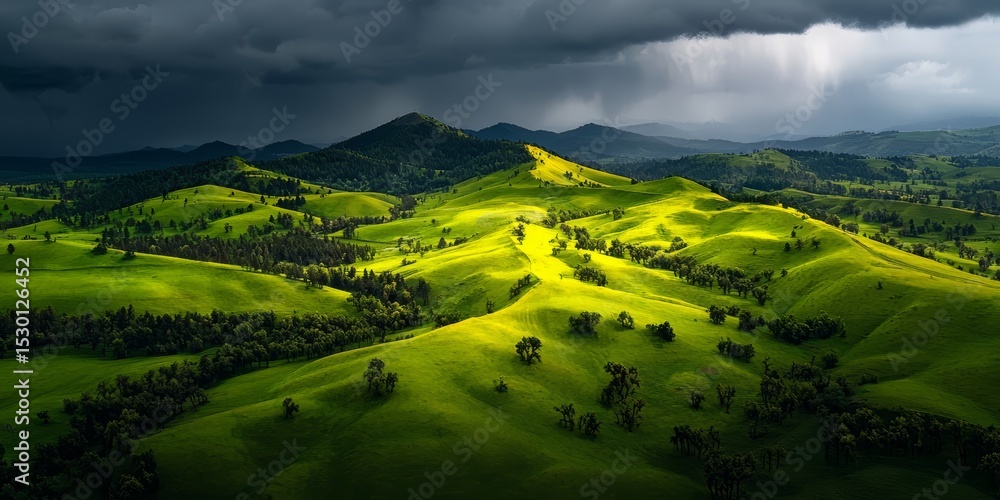 Poster large, lush green field with a few trees in the background. the sky is cloudy and the sun is shining