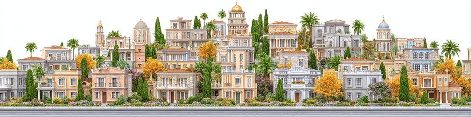 Picturesque Mediterranean Coastal Town with Colorful Buildings and Lush Greenery