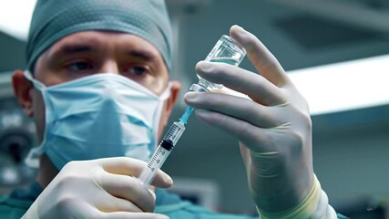 The male doctor prepares an injection to a patient. Needle injected in the ampule with a liquid drug. The doctor draws medicine into a syringe from an ampule - Powered by Adobe