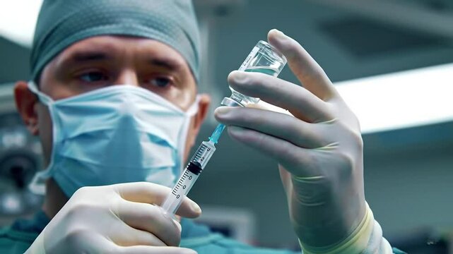 The male doctor prepares an injection to a patient. Needle injected in the ampule with a liquid drug. The doctor draws medicine into a syringe from an ampule
