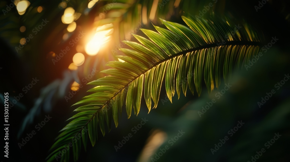 Poster leafy green plant with a leaf that is illuminated by the sun. the sun is shining through the leaves,