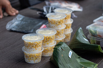 Sweet Corn with Milk and Cheese in Plastic Cups