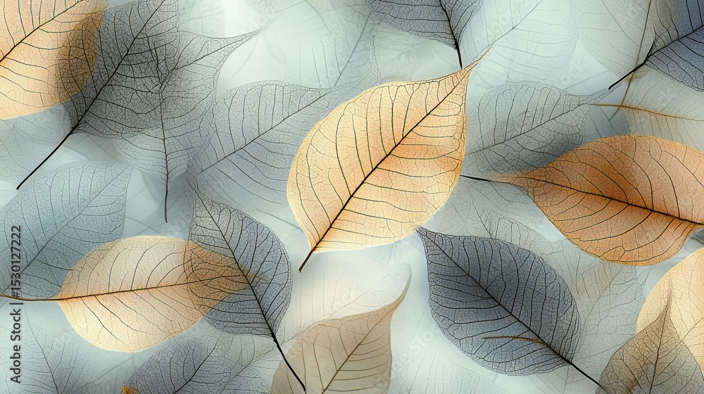 Poster leafy pattern with a blue background. the leaves are brown and white. the pattern is very detailed a