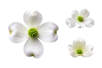 Fototapeta premium Flat-lay studio photo of scattered white dogwood petals and bracts, soft lighting, top-down angle, isolated on black background creating airy minimal spring texture