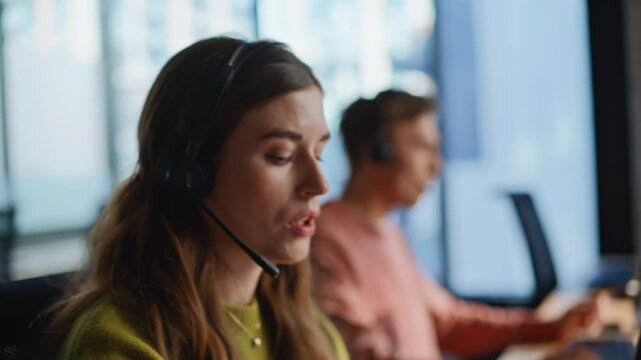 Attentive customer service representative assisting client conversation closeup