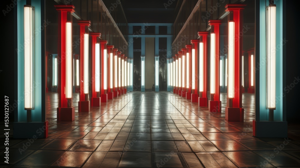 Poster Long hallway with red and blue lights. The lights are arranged in a way that creates a sense of depth and space. The hallway is illuminated, creating a bright and inviting atmosphere