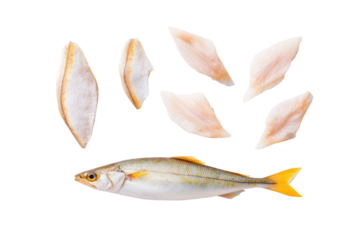 Flat-lay studio image of clustered European hake fish group, bright lighting, top-down perspective, isolated on black background displaying shiny skin and lean meat