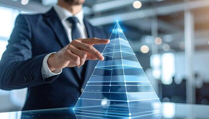 Private equity professional reviewing financial asset stack in pyramid form