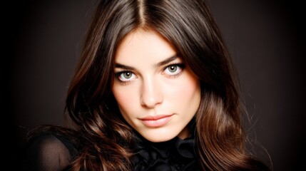 Naklejka premium Close-up portrait of a young woman with long brown hair and striking blue eyes