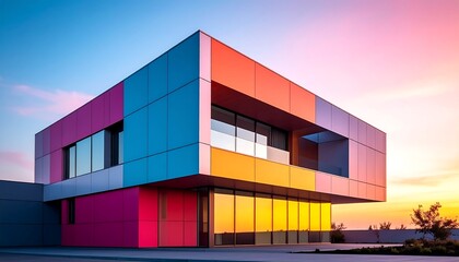 Modern colorful building with sunset sky.