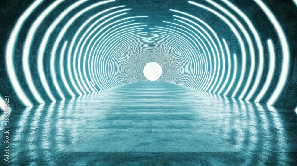 Poster long tunnel with a blue light shining down on it. the tunnel is empty and the light is creating a se