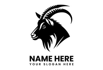 Detailed black vector logo of a goat head with impressive curved horns symbolizing farming heritage and strength