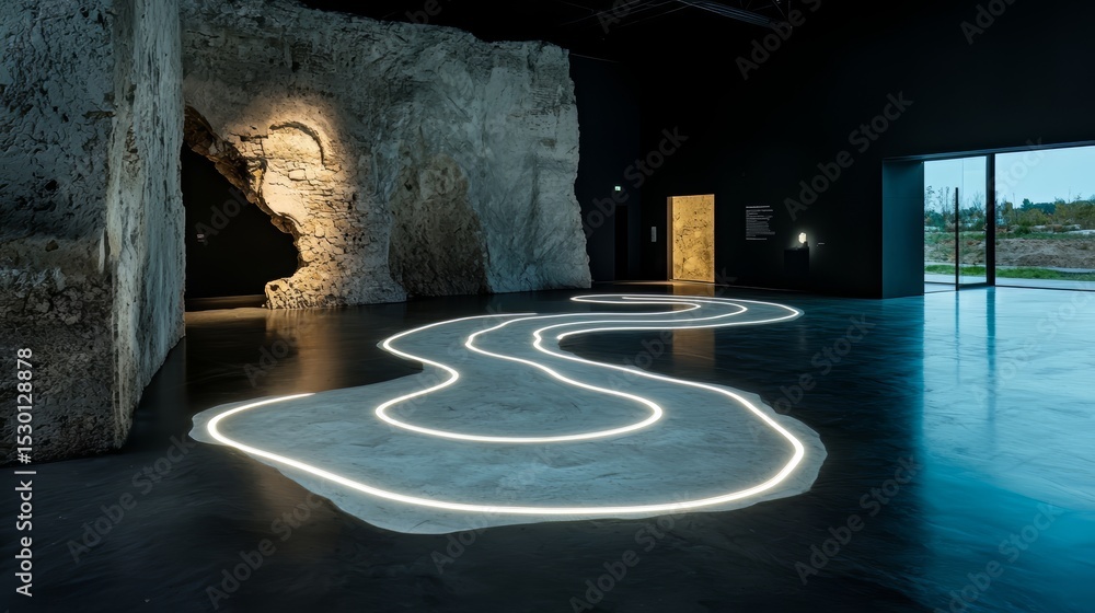 Poster long, curving line of lights is on the floor of a large room. the lights are arranged in a way that 