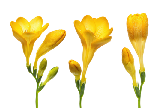 Flat-lay studio photo of mirrored yellow freesia stems, bright lighting, top-down angle, white backdrop enhancing sunny trumpet petals and green buds